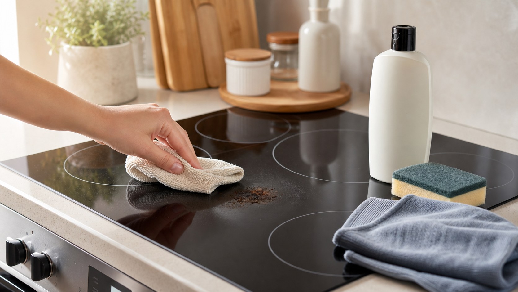 Cooled stovetop with a small cooked-on burn mark, non-scratch sponge, cloth, and safe cleaning supplies.