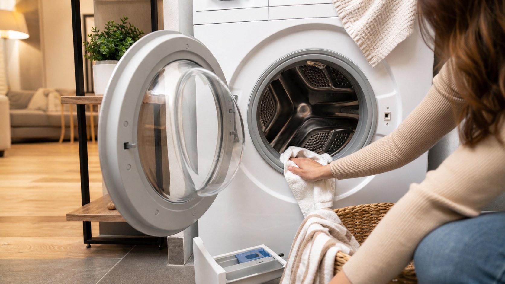Front-load washing machine door open with the rubber gasket being wiped and a towel nearby.