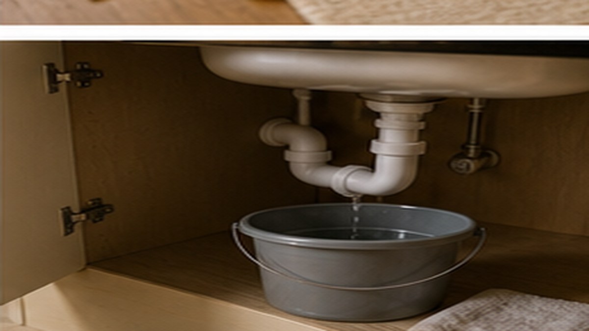Small under-sink drip scene with bucket and towel while waiting for maintenance.