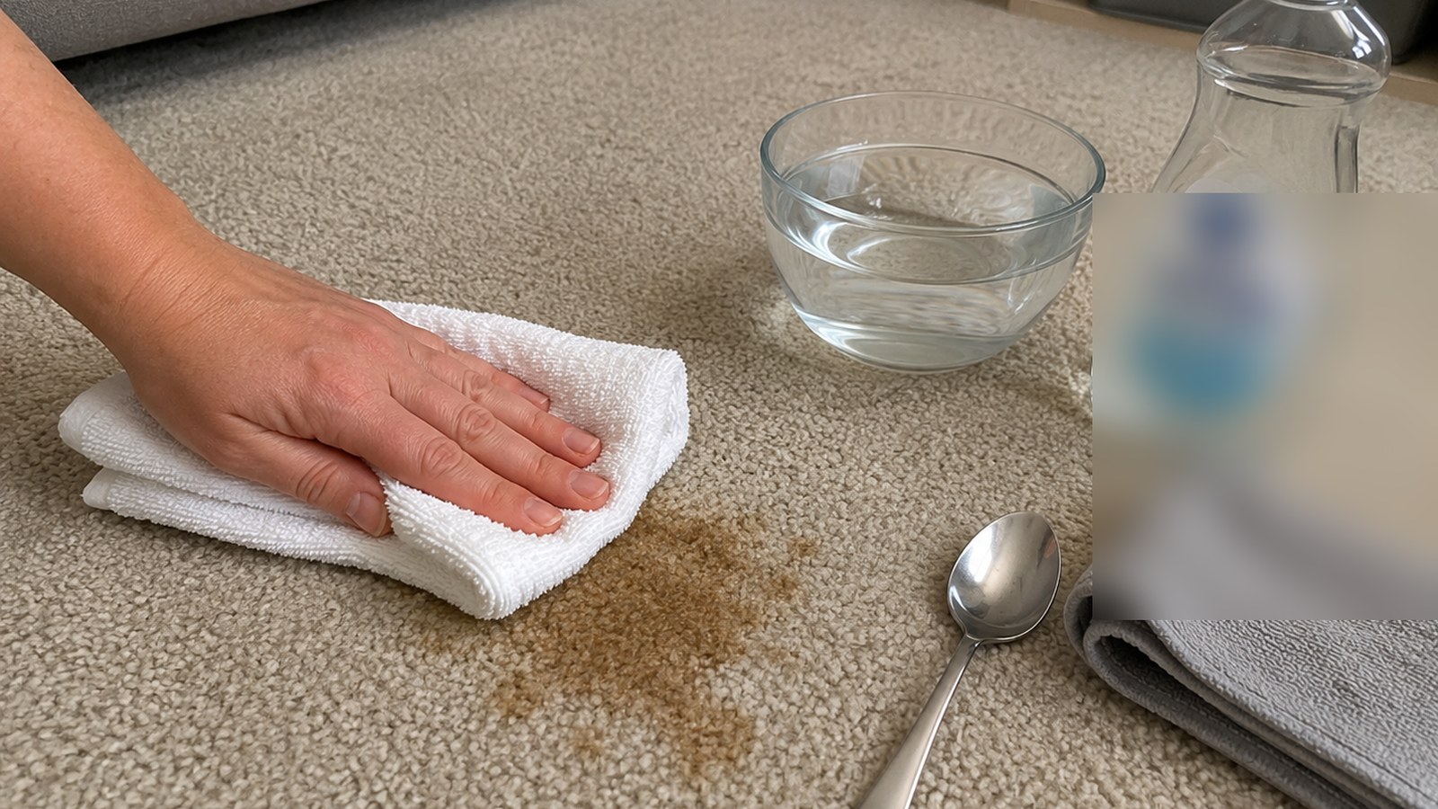 Coffee stain wicking setup with a white towel, flat weight, clean water, mild soap, spoon, and dry cloth.