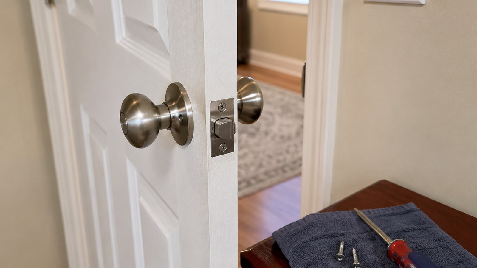Interior door handle latch check with the door open, visible screws, screwdriver, flashlight, and phone nearby.