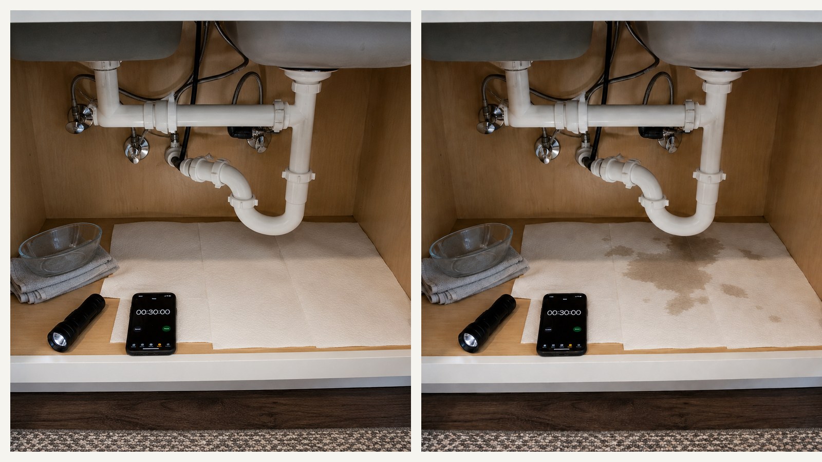 Close-up of an under-sink paper towel leak test with a damp spot, flashlight, bowl, and phone timer nearby.